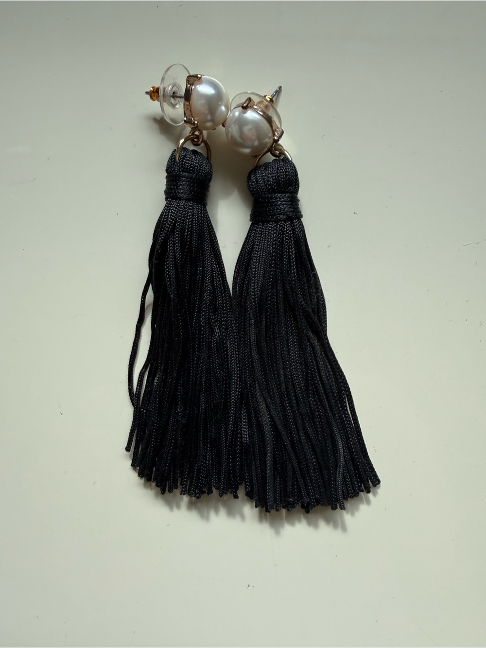 Bauble Pearl Top Black Tassel Drop Earrings